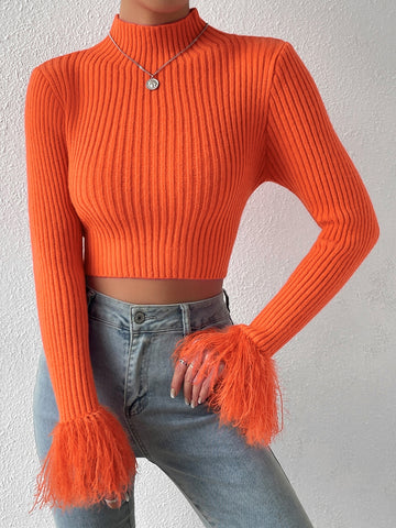 Mock Neck Fuzzy Cuff Crop Sweater