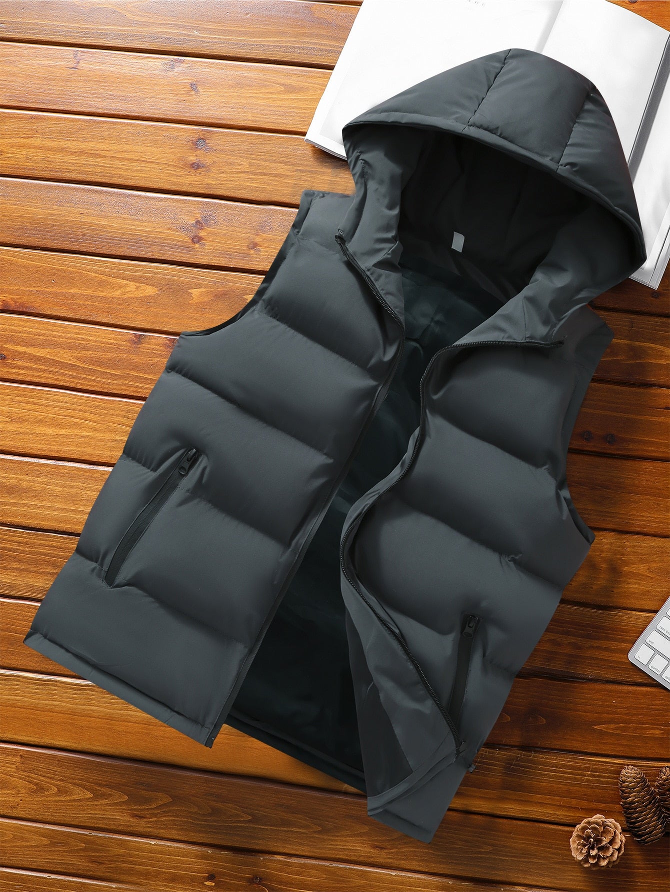 Men Zip Up Sleeveless Hooded Puffer Coat