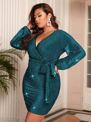 Plus Lantern Sleeve Knot Side Glitter Bodycon Dress