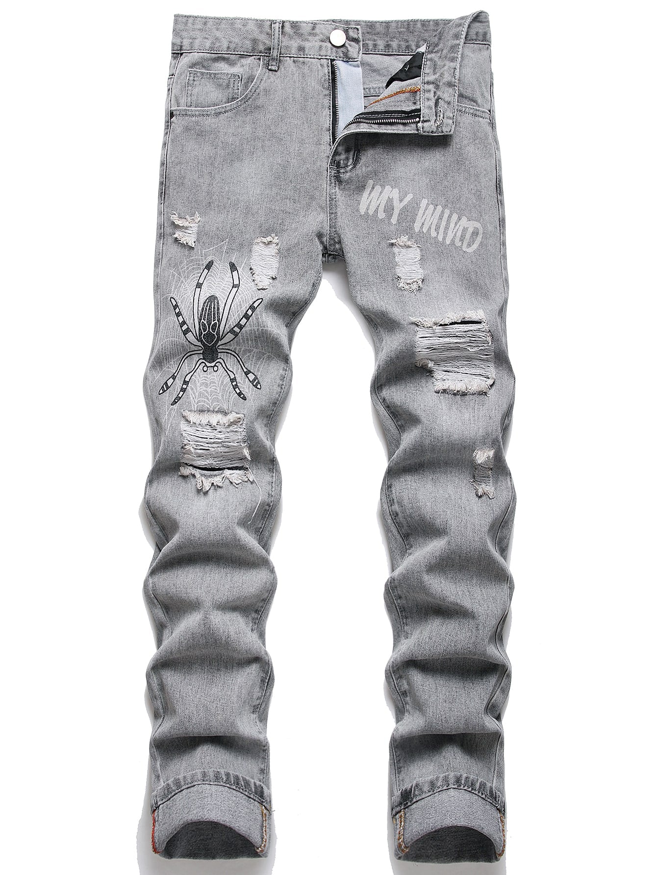 Men Cotton Letter Graphic Ripped Jeans