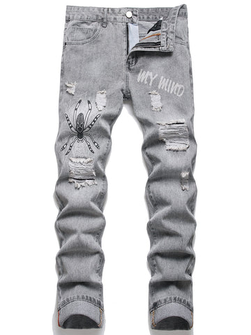 Men Cotton Letter Graphic Ripped Jeans