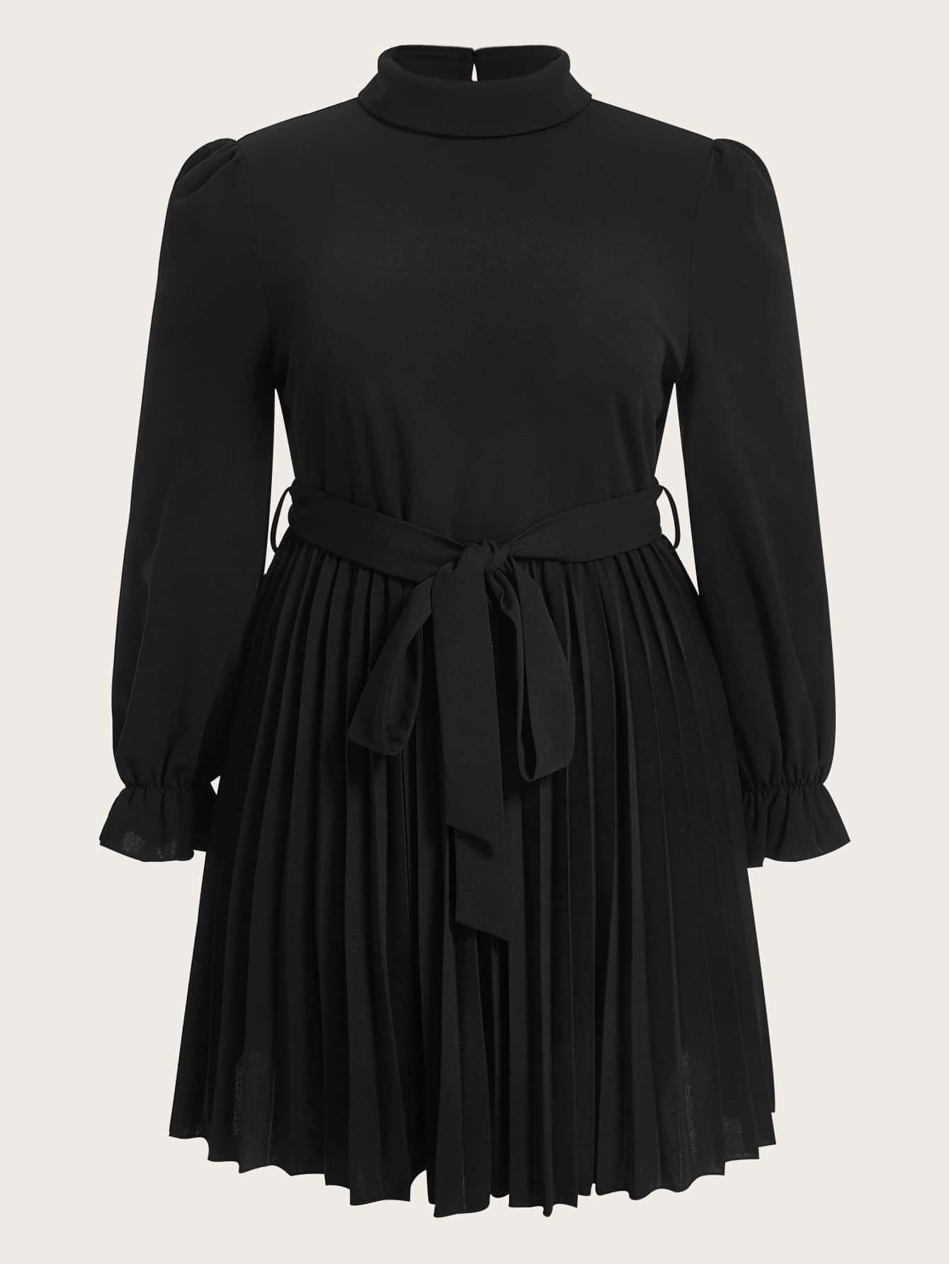 Plus Mock Neck Flounce Sleeve Pleated Hem Belted Dress