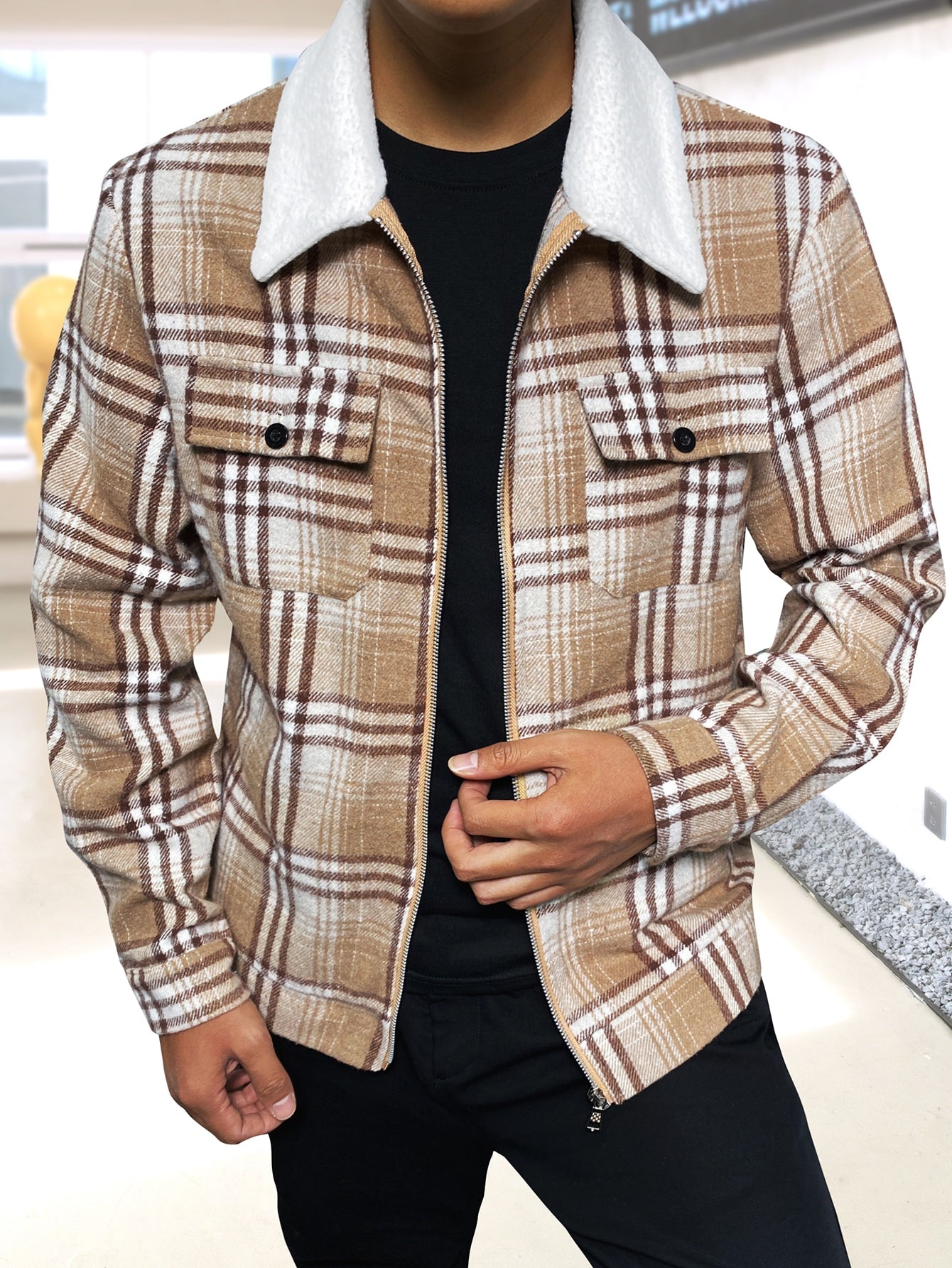 Men 1pc Plaid Flap Pocket Overcoat