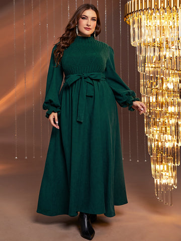 Plus Mock Neck Lantern Sleeve Belted Dress