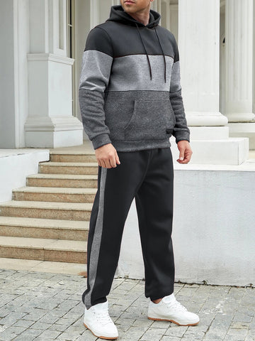 Men Plus Color Block Kangaroo Pocket Drawstring Hoodie & Sweatpants