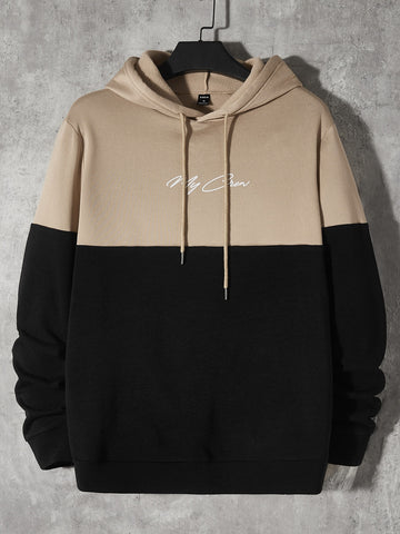 Men Letter Graphic Two Tone Drawstring Hoodie