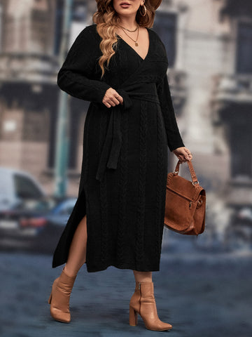 Plus Split Hem Belted Sweater Dress