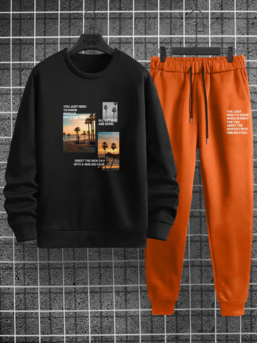 Men Slogan Graphic Sweatshirt & Drawstring Waist Sweatpants