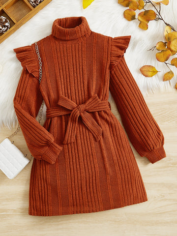 Tween Girl Long Sleeve High Neck Ruffle Trim Rib-Knit Dress