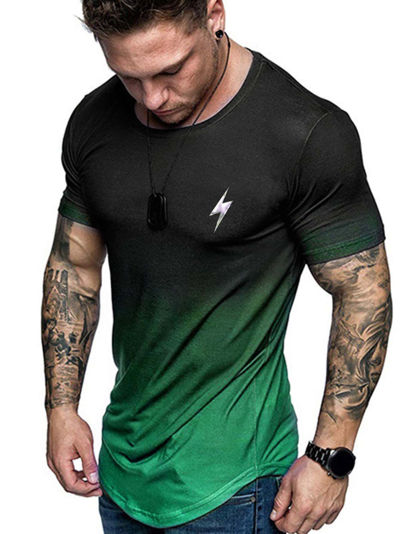 Men Lightning Print Ombre Sports Tee