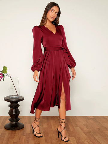 Lantern Sleeve Split Thigh Belted Dress