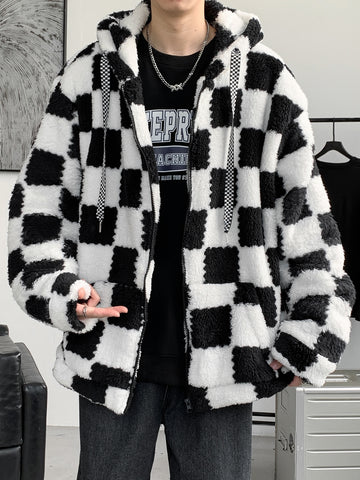 Men Checker Pattern Drop Shoulder Drawstring Hooded Teddy Oversize Jacket