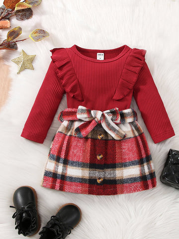 Toddler Girls Ribbed Knit Ruffle Trim Top & Belted Skirt for Christmas