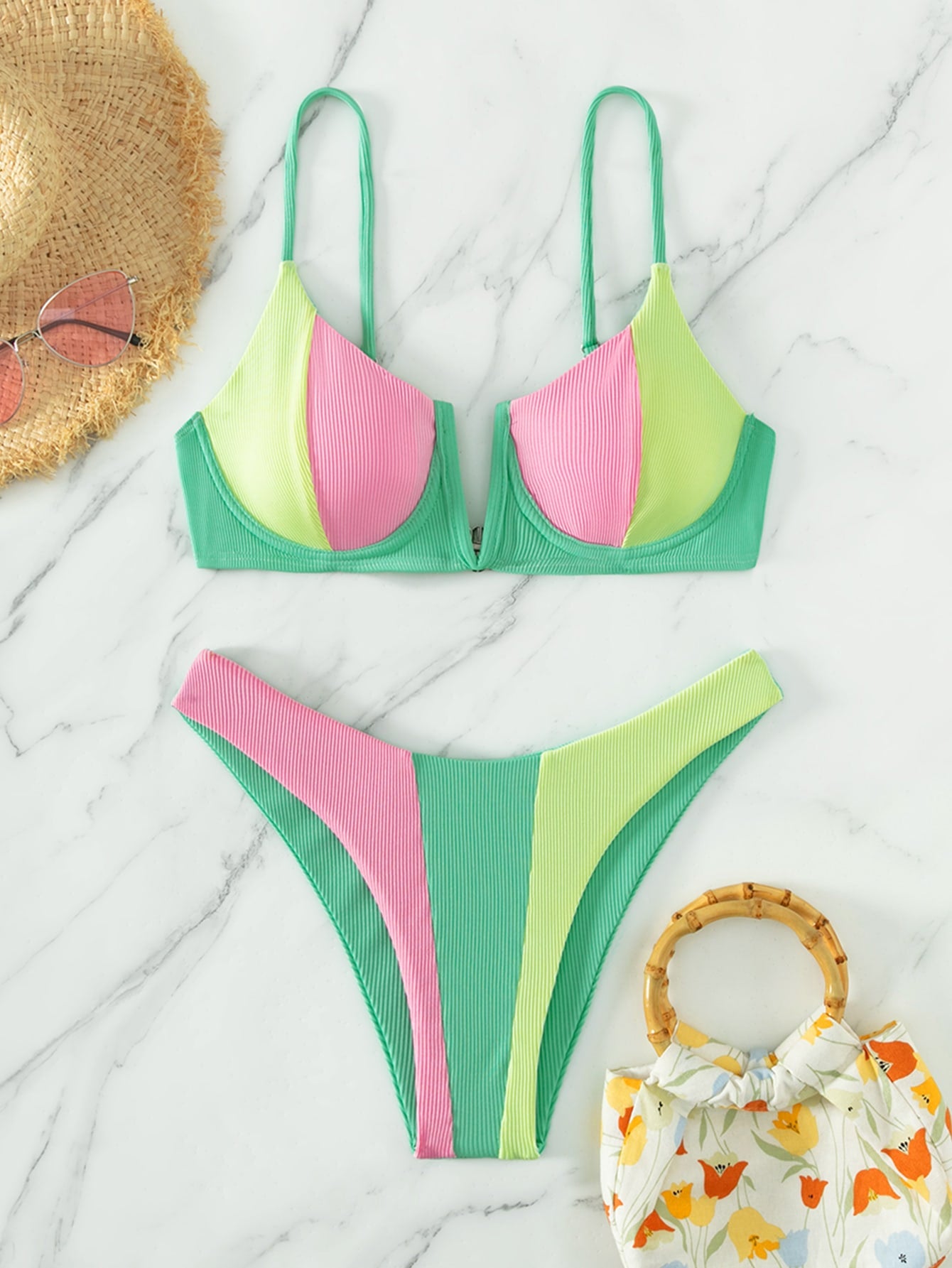 Summer Beach Color Block Underwire Bikini Set