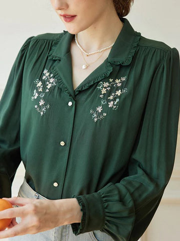 Simple Retro Floral Embroidery Frill Trim Shirt