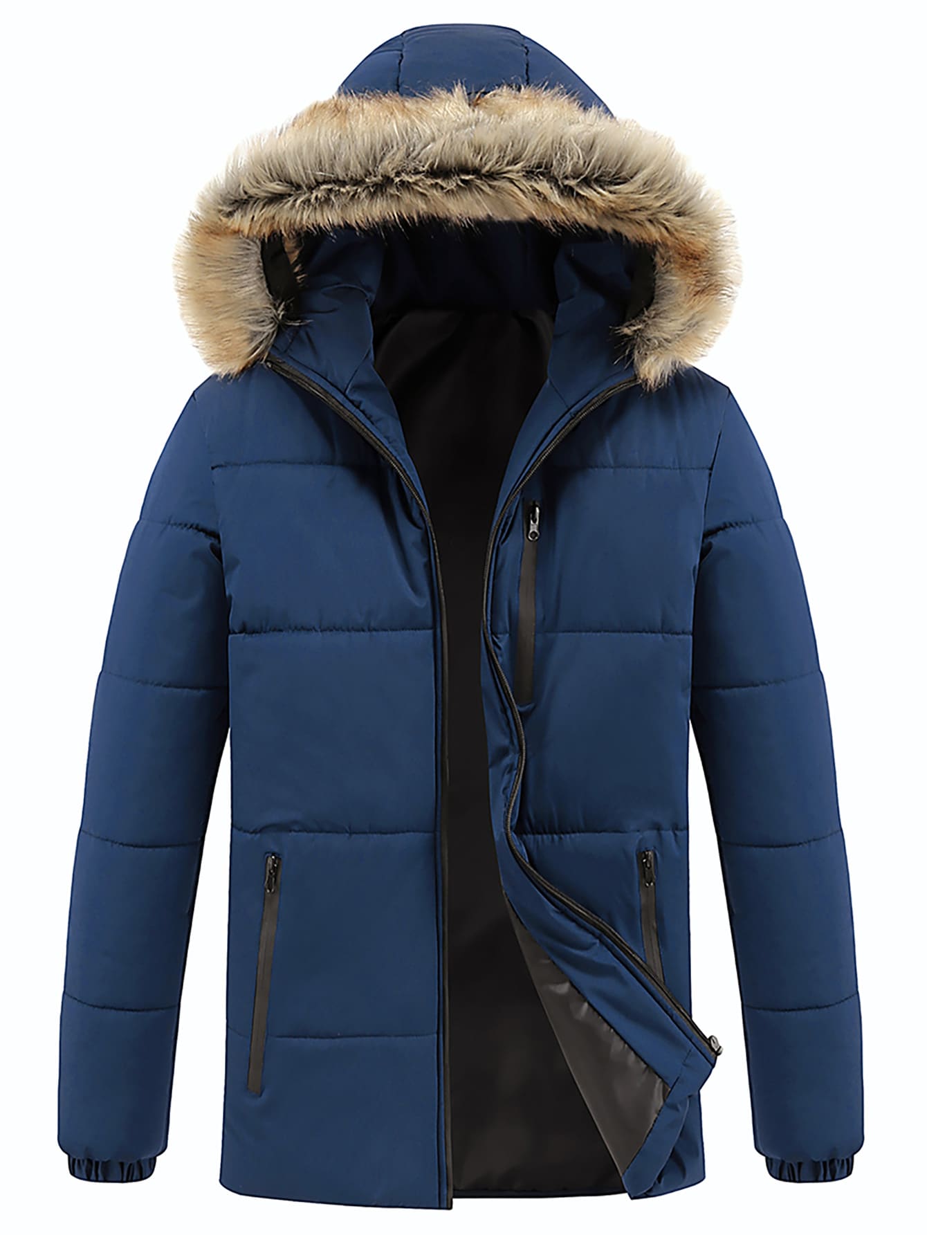 Men Fuzzy Trim Hooded Zipper Puffer Coat