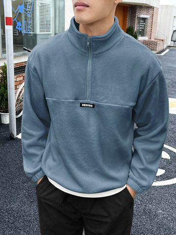 Men 1pc Half Zip Patch Detail Flannelette Sweatshirt