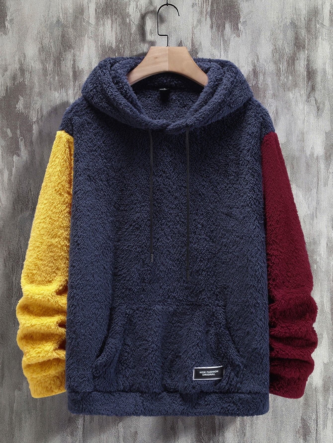 Men Color Block Kangaroo Pocket Drawstring Teddy Hoodie