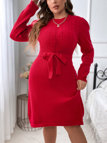 Plus Cable Knit Belted Sweater Dress