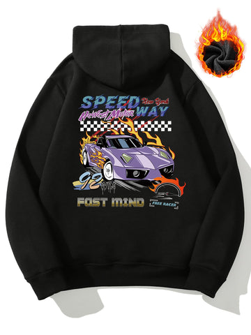 Men Car & Letter Graphic Drawstring Thermal Lined Hoodie