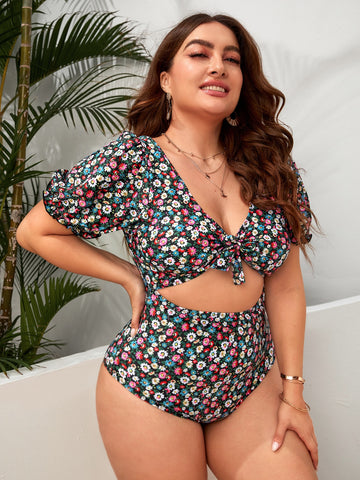 Summer Beach Plus Ditsy Floral Cut-Out Knot One Piece Swimsuit