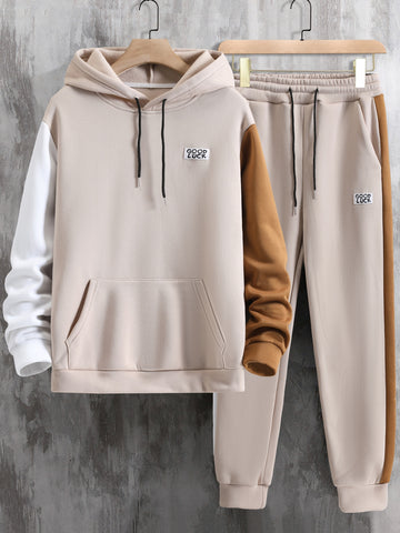 Men Colorblock Kangaroo Pocket Drawstring Hoodie & Sweatpants