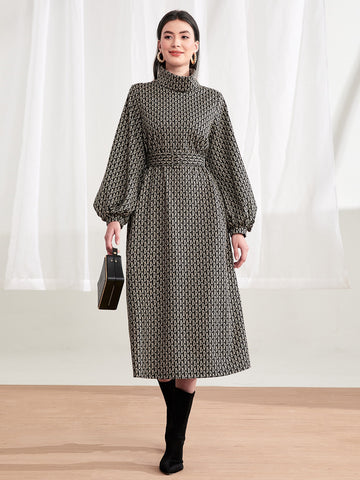 Allover Print Lantern Sleeve Belted Sweatshirt Dress