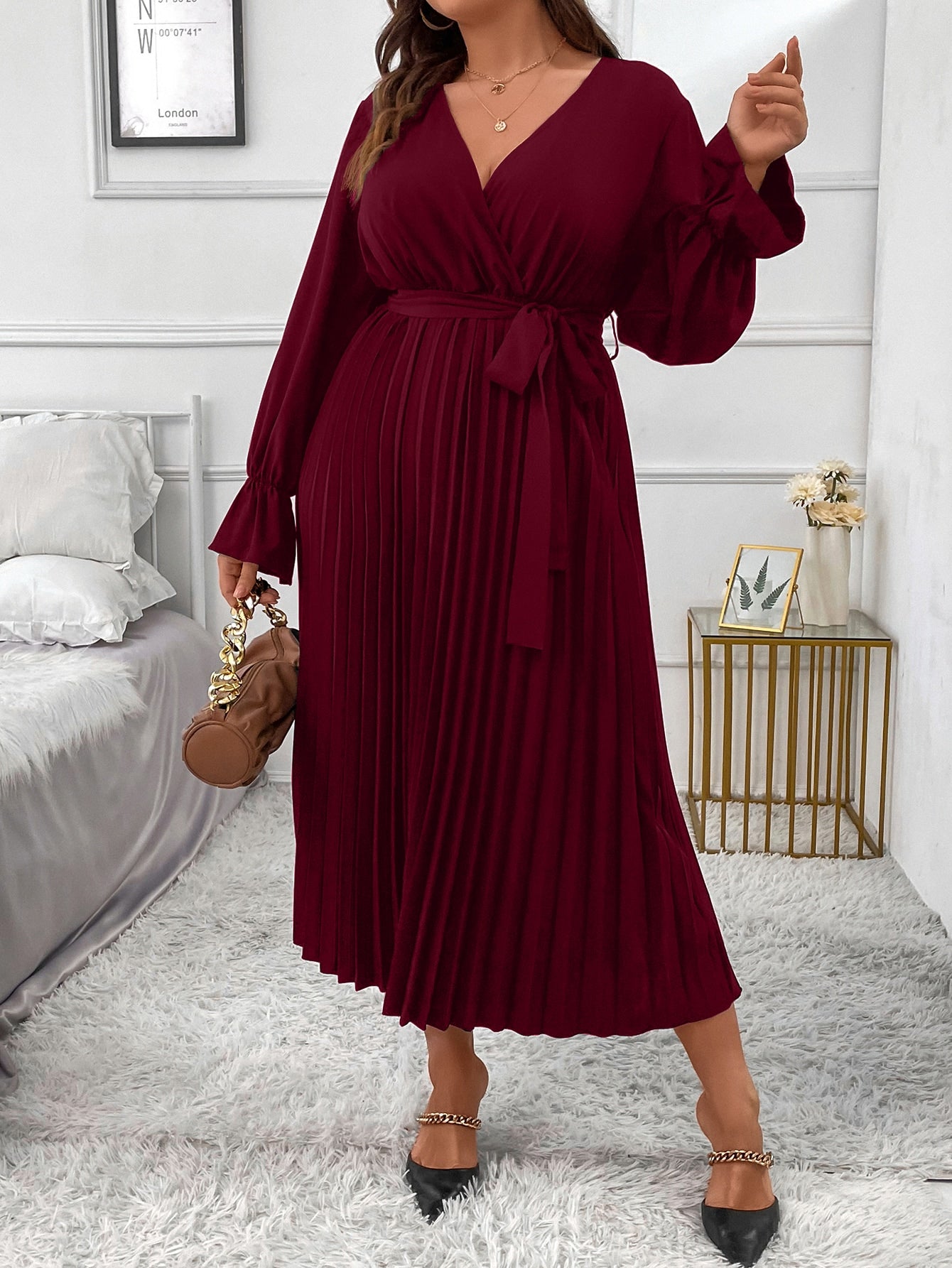 Plus Flounce Sleeve Pleated Hem Belted Dress