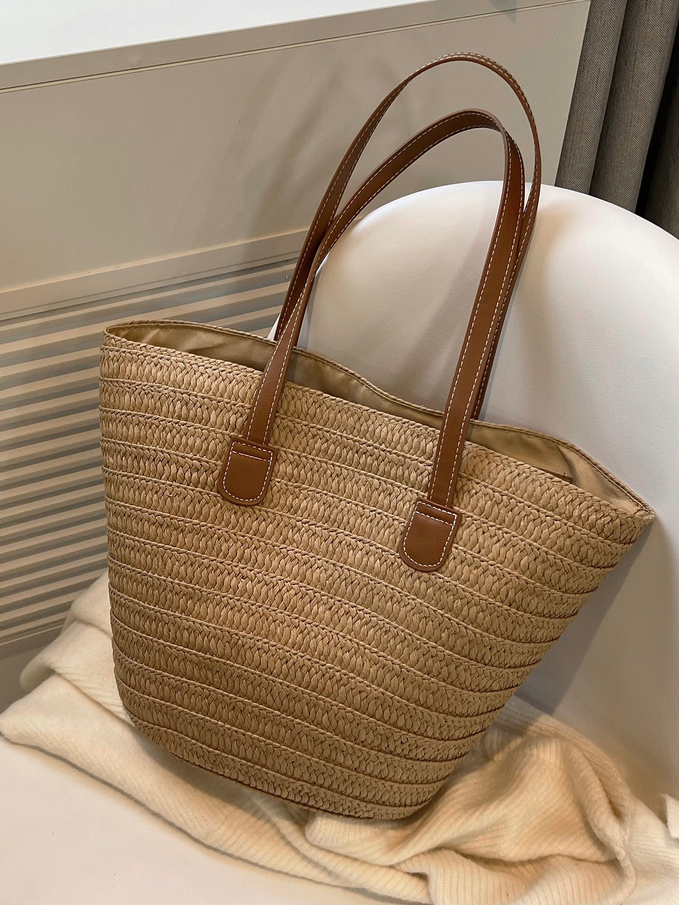 Woven Solid Color Shoulder Tote Bag For Women, Fashionable Trendy Handbag For Casual And Chic Style, Large Capacity
