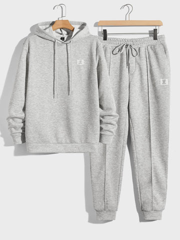 Men Patched Detail Drawstring Hoodie & Sweatpants