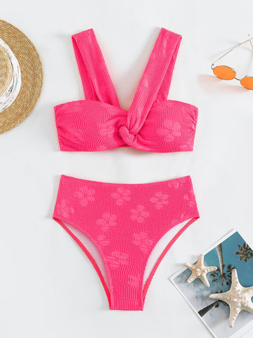 Summer Beach Floral Jacquard Twist Bikini Set