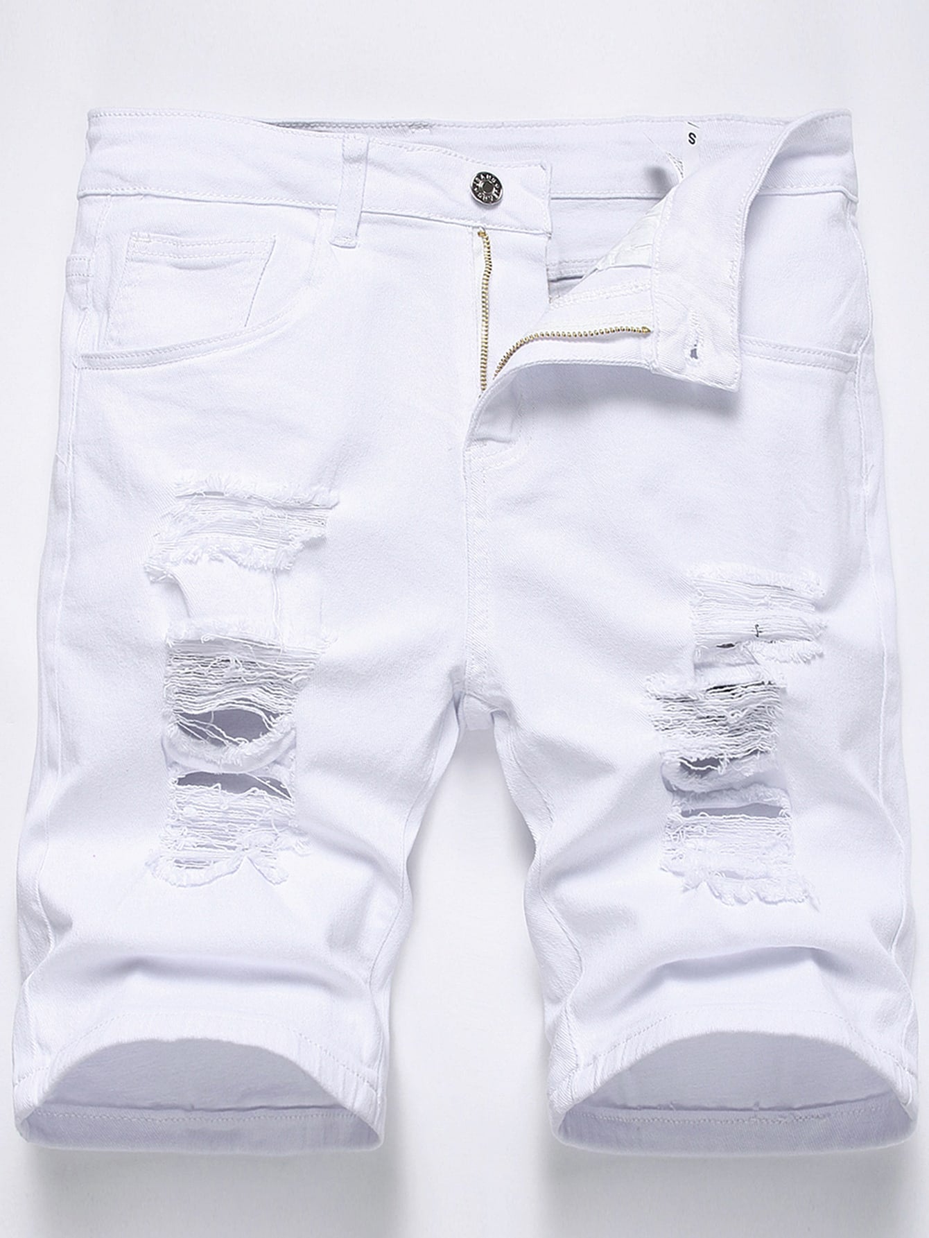 Men Cotton Ripped Frayed Denim Shorts Jorts Plain All White Work Basic