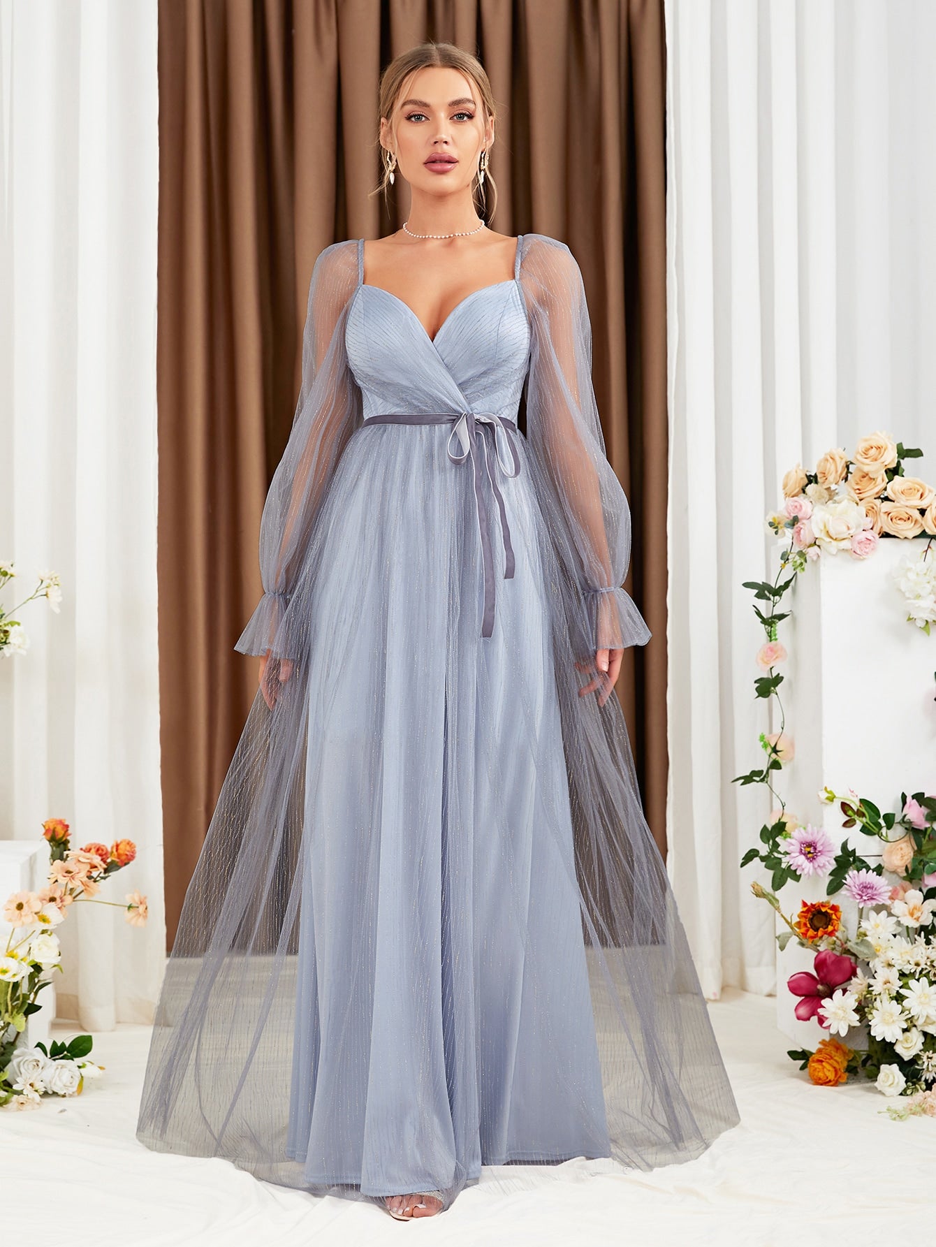 Sweetheart Neck Flounce Sleeve Belted Mesh Bridesmaid Dress