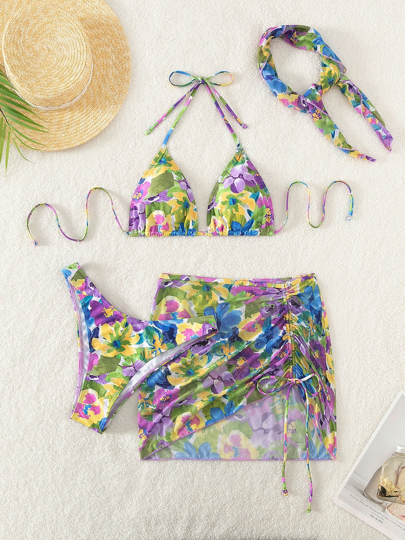 Summer Beach Floral Print Halter Triangle Bikini Set With Beach Skirt & Bandana