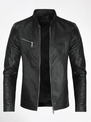 CLOUDSTYLE Men Zip Up PU Leather Solid Jacket