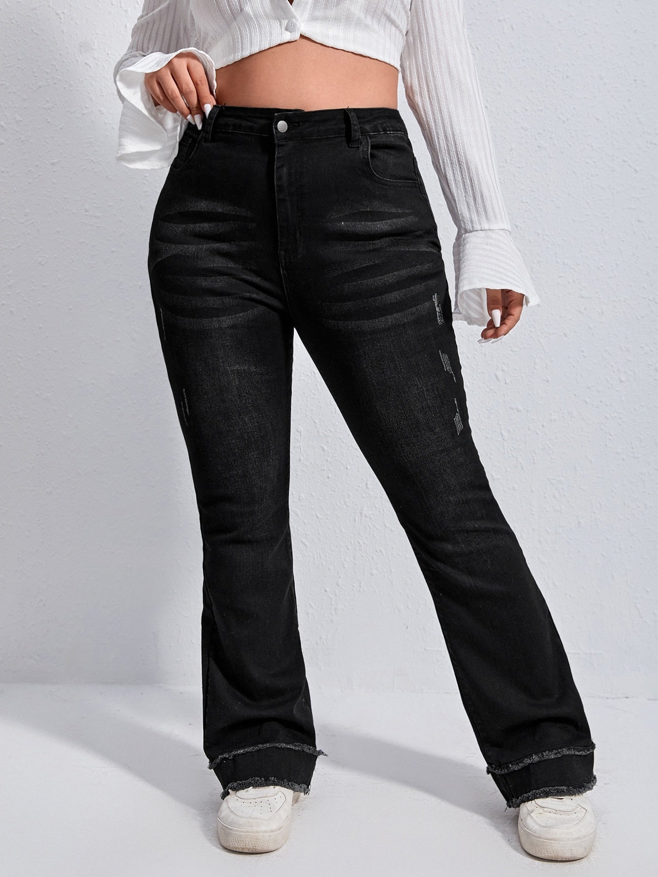 Plus High Waist Raw Cut Flare Leg Jeans