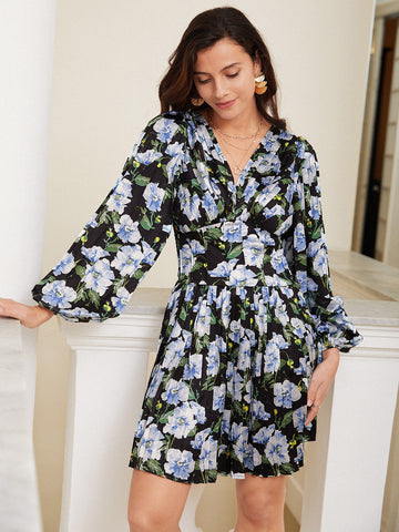 Floral Print Lantern Sleeve Dress