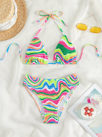 Summer Beach Wave Print Halter Triangle Bikini Set