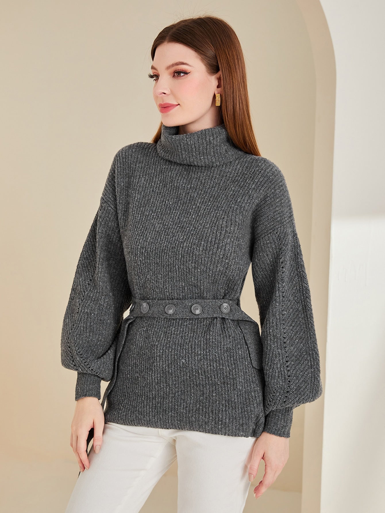 Funnel Neck Lantern Sleeve Belted Sweater