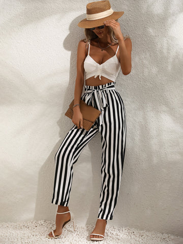 Striped Print Paperbag Waist Belted Pants