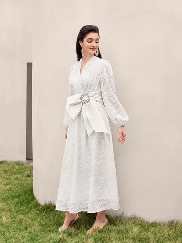 Lantern Sleeve Buckle Belted Lace Dress