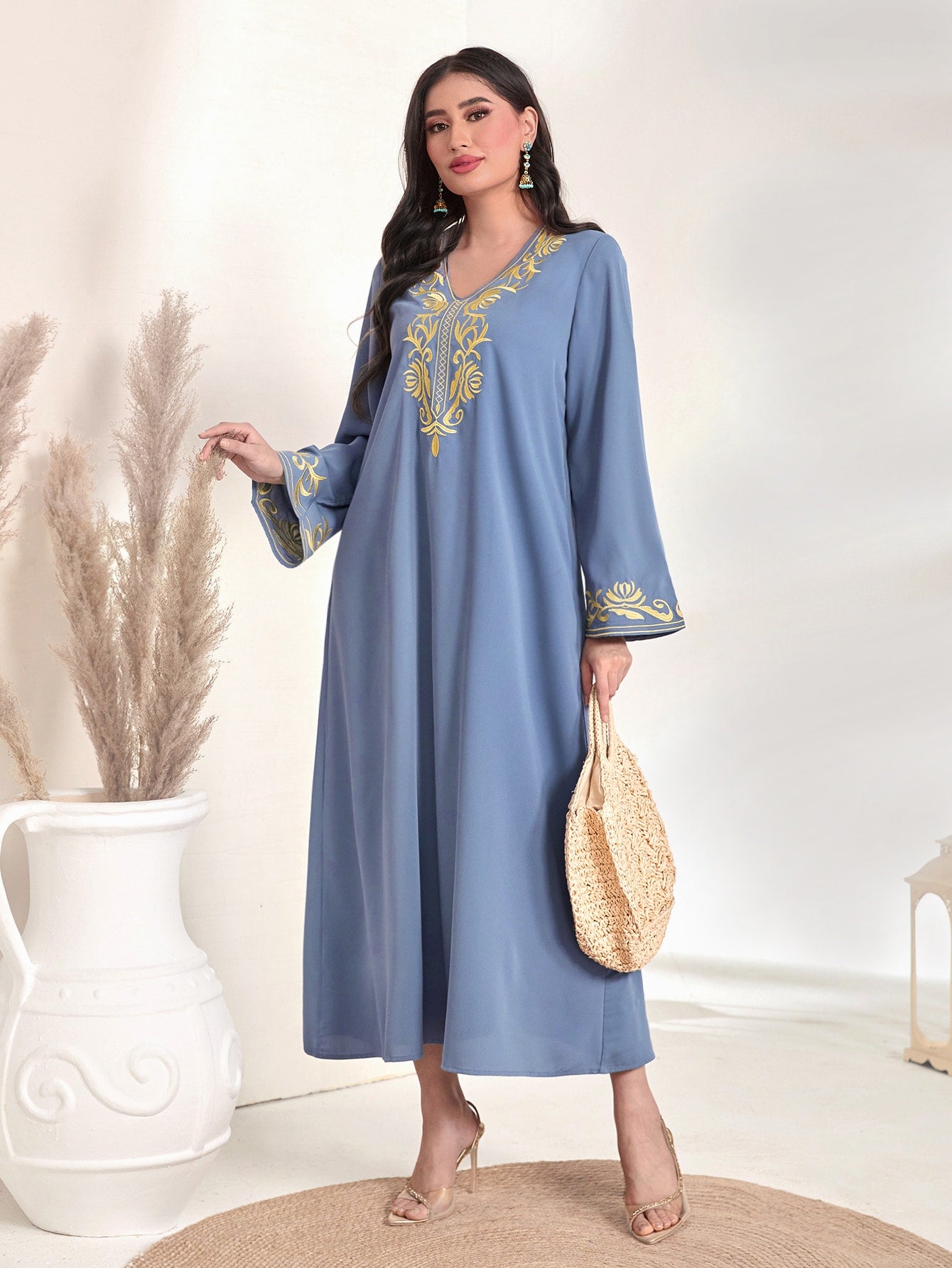 Floral Embroidery V Neck Kaftan