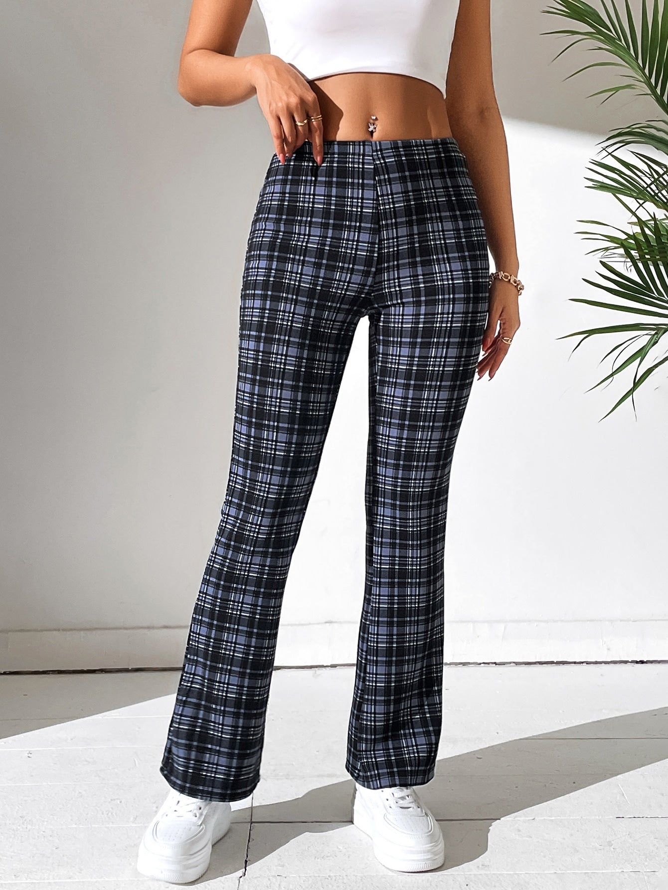 High Waist Plaid Flare Leg Pants