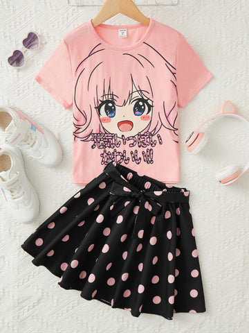 Tween Girl Figure Graphic Tee & Polka Dot Print Belted Skirt