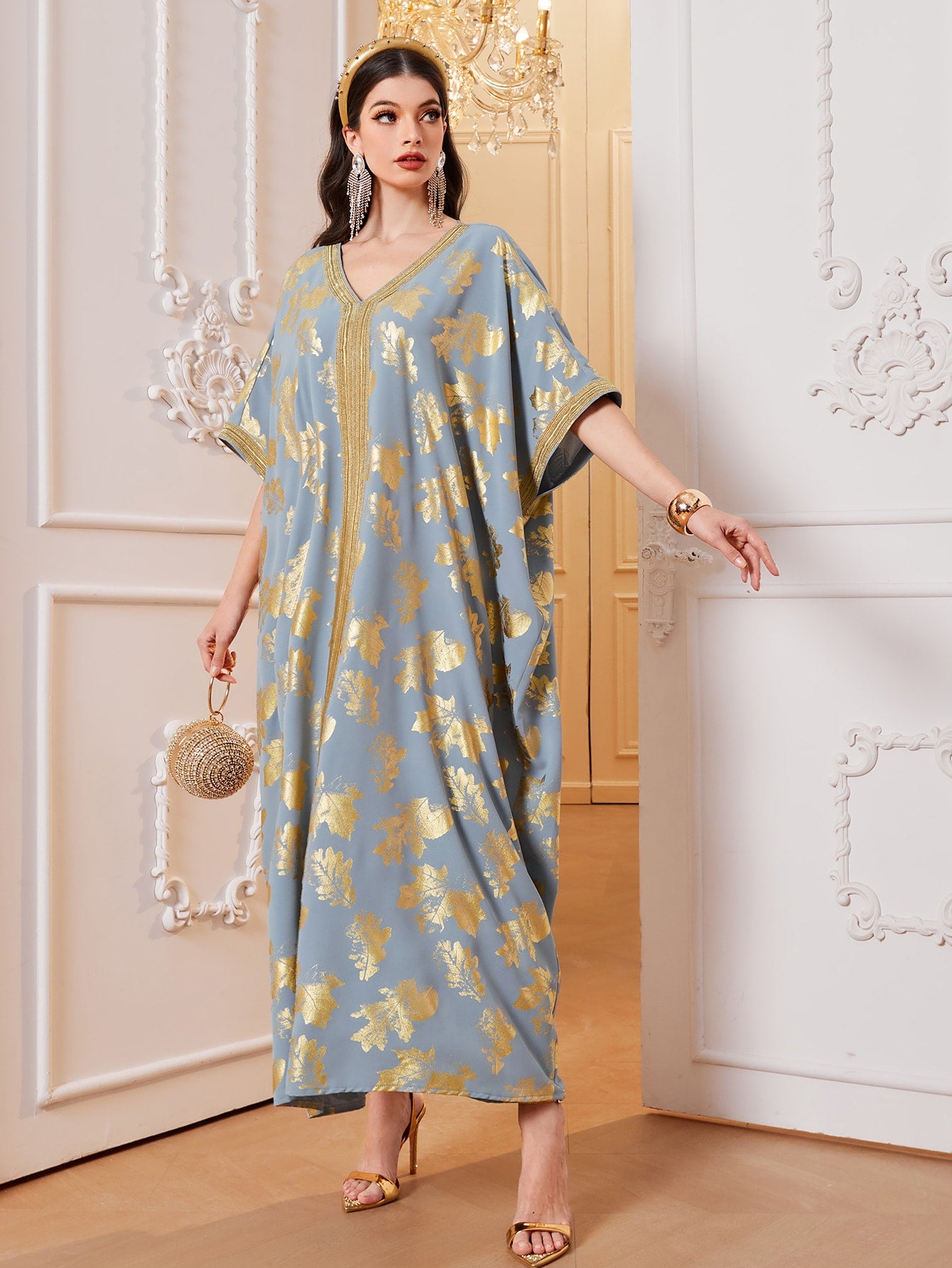 Gold Leaves Print Batwing Sleeve Kaftan