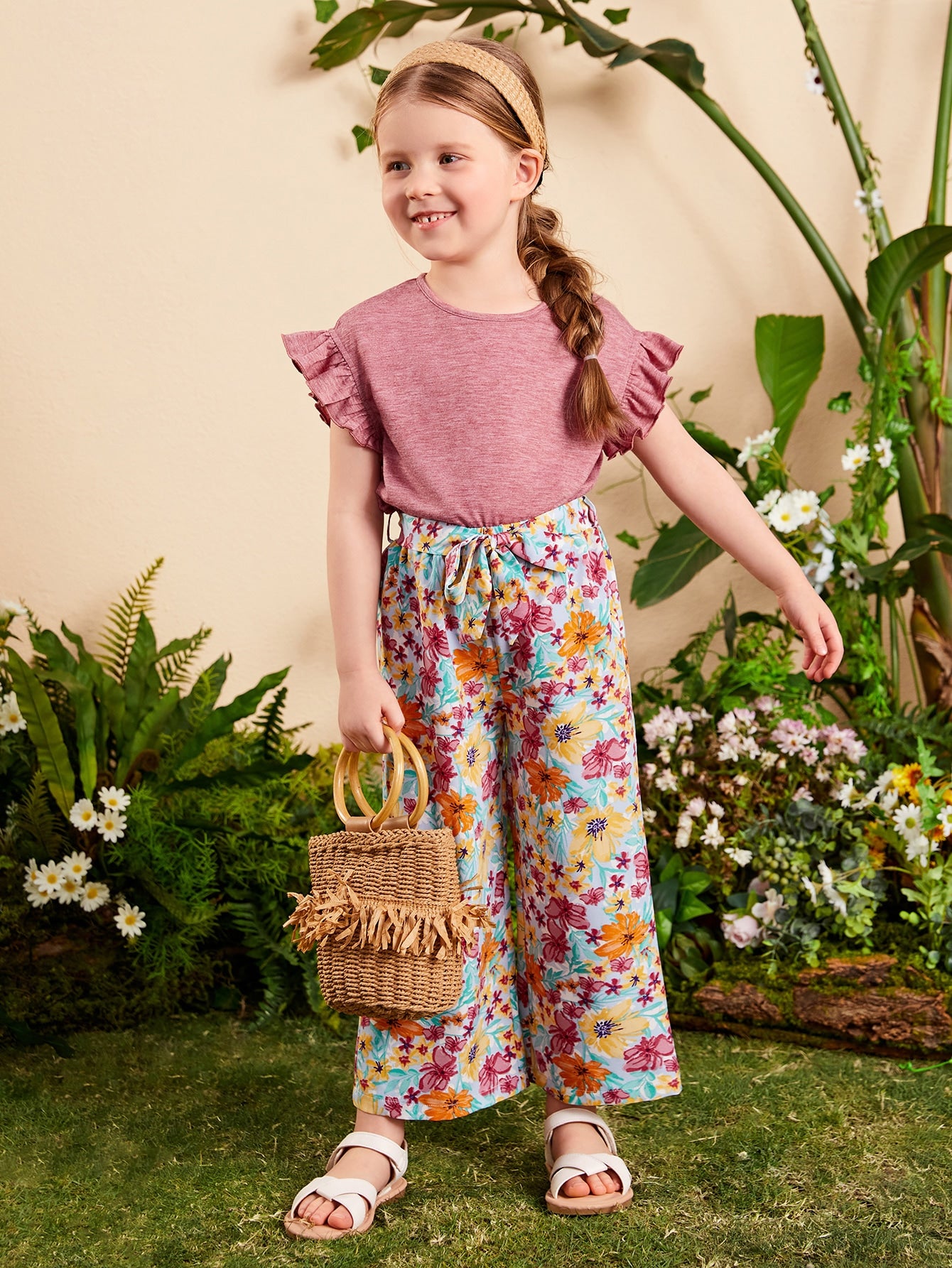 Young Girl Flounce Sleeve Tee & Floral Print Belted Pants