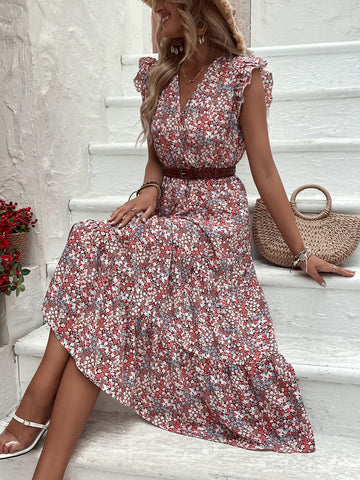 Ditsy Floral Print Ruffle Hem Dress Without Belt