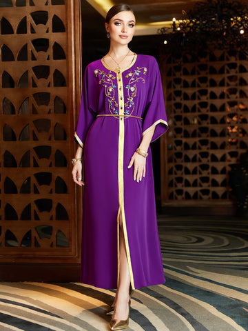 Floral Embroidery Contrast Trim Belted Kaftan