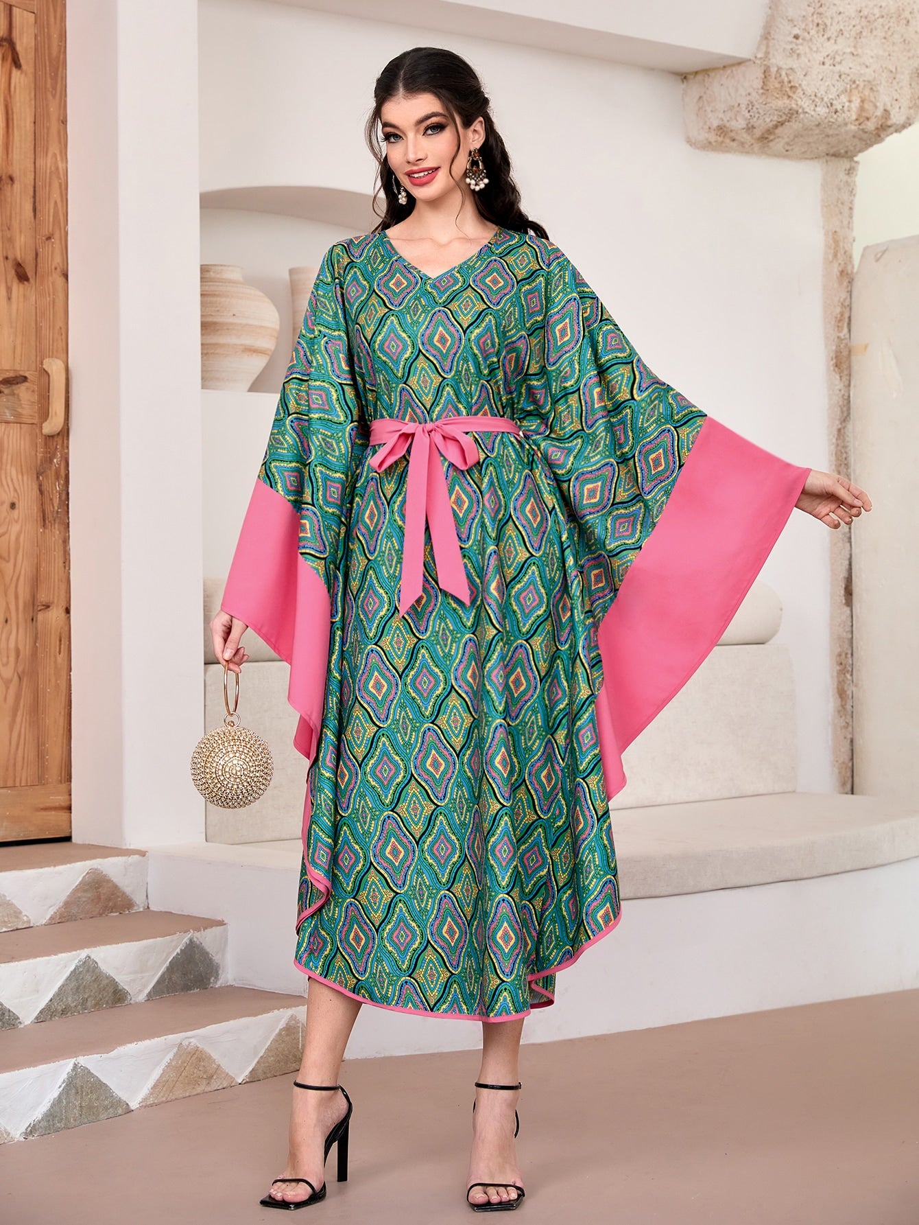 Geo Print Batwing Sleeve Belted Kaftan