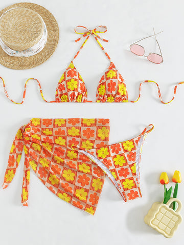 Plaid & Floral Print Halter Triangle Summer Beach Bikini Set With Beach Skirt